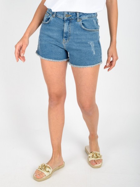 Blue jean ψηλόμεσο ελαστικό σορτς με μικρές φθορές μπροστά και μικρό ξέφτι στο τελείωμα Attrattivo