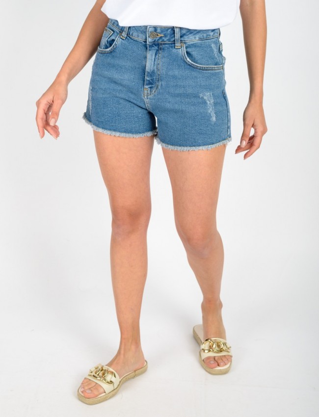 Blue jean ψηλόμεσο ελαστικό σορτς με μικρές φθορές μπροστά και μικρό ξέφτι στο τελείωμα Attrattivo