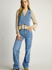 Blue jean γιλέκο σε σταθερό ύφασμα, κλείσιμο με 3 κουμπιά μπροστά, μύτες στο τελείωμα και πιο κοντό στο πίσω μέρος Attrattivo