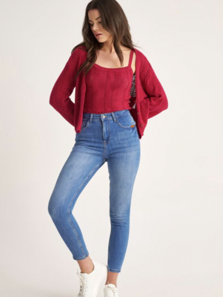 Light blue jean ψηλόμεσο ελαστικό παντελόνι με μικρά ξεβάμματα μπροστά και τετράγωνες τσέπες πίσω Attrattivo