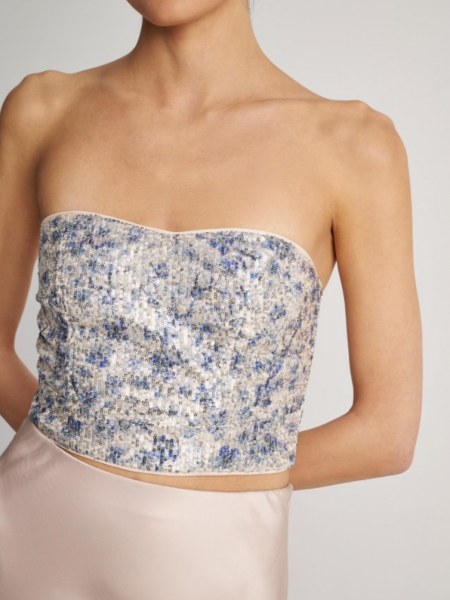Εμπριμέ ασημί strapless μπλούζα-μπούστο με κεντημένες παγιέτες και κλείσιμο μ φερμουάρ στην πλάτη Attrattivo 
