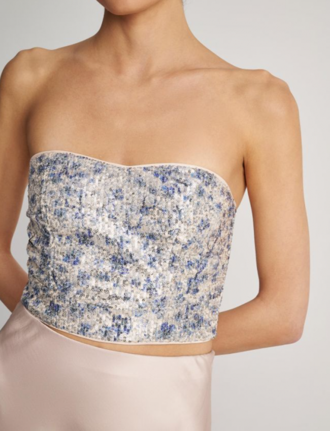 Εμπριμέ ασημί strapless μπλούζα-μπούστο με κεντημένες παγιέτες και κλείσιμο μ φερμουάρ στην πλάτη Attrattivo 