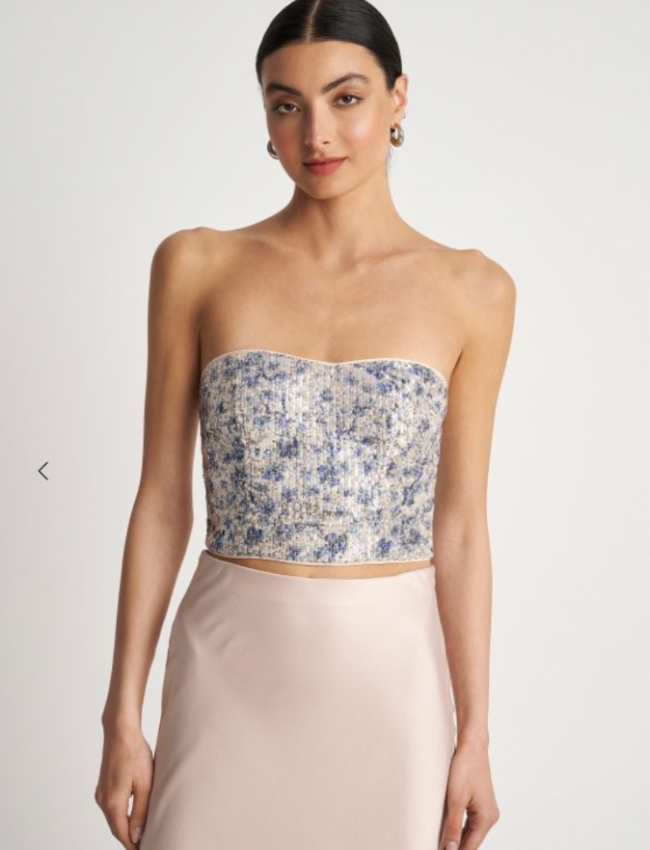 Εμπριμέ ασημί strapless μπλούζα-μπούστο με κεντημένες παγιέτες και κλείσιμο μ φερμουάρ στην πλάτη Attrattivo 