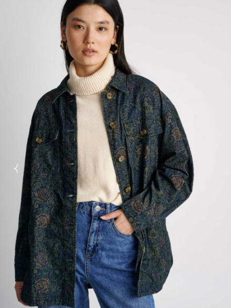 Floral printed πράσινο-μπλε κοτλέ πουκάμισο σε ίσια γραμμή, με κουμπιά μπροστά, τετράγωνες τσέπες ψηλά και ρεγκλάν μανικοκόλληση Attrattivo
