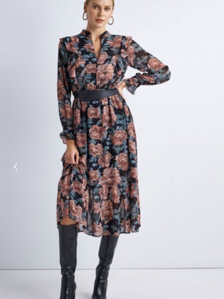 Floral printed nude μακρυμάνικο midi φόρεμα με κουμπάκια μπροστά, μάο γιακά, λάστιχο στην μέση, βολάν σε επίπεδα και αποσπώμενη ζώνη Attrattivo