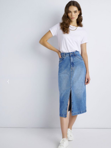 Blue jean ψηλόμεση midi φούστα σε ίσια γραμμή, με μπροστινό σκίσιμο, τσέπες με ταμπά γαζιά Attrattivo 