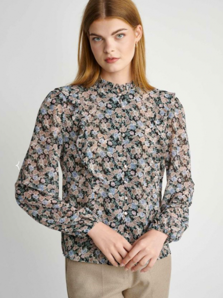 Floral printed ροζ μακρυμάνικο πουκάμισο σε μεσάτη γραμμή, με κουμπιά μπροστά, μικρά βολάν και ballon μανίκια Attrattivo