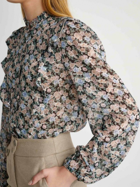 Floral printed ροζ μακρυμάνικο πουκάμισο σε μεσάτη γραμμή, με κουμπιά μπροστά, μικρά βολάν και ballon μανίκια Attrattivo