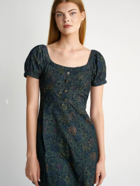Floral printed μπλε-πράσινο κοτλέ κοντομάνικο κοντό φόρεμα με ανοιχτή λαιμόκοψη, balloon μανίκια, κουμπιά μπροστά και κλείσιμο με φερμουάρ στην πλάτη Attrattivo
