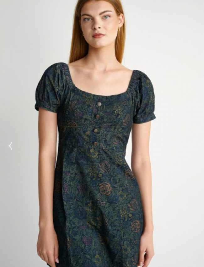 Floral printed μπλε-πράσινο κοτλέ κοντομάνικο κοντό φόρεμα με ανοιχτή λαιμόκοψη, balloon μανίκια, κουμπιά μπροστά και κλείσιμο με φερμουάρ στην πλάτη Attrattivo
