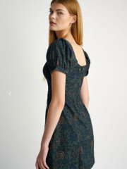 Floral printed μπλε-πράσινο κοτλέ κοντομάνικο κοντό φόρεμα με ανοιχτή λαιμόκοψη, balloon μανίκια, κουμπιά μπροστά και κλείσιμο με φερμουάρ στην πλάτη Attrattivo