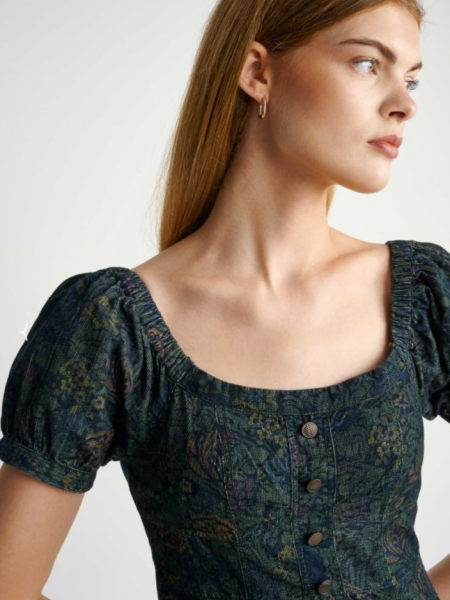 Floral printed μπλε-πράσινο κοτλέ κοντομάνικο κοντό φόρεμα με ανοιχτή λαιμόκοψη, balloon μανίκια, κουμπιά μπροστά και κλείσιμο με φερμουάρ στην πλάτη Attrattivo
