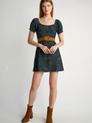 Floral printed μπλε-πράσινο κοτλέ κοντομάνικο κοντό φόρεμα με ανοιχτή λαιμόκοψη, balloon μανίκια, κουμπιά μπροστά και κλείσιμο με φερμουάρ στην πλάτη Attrattivo