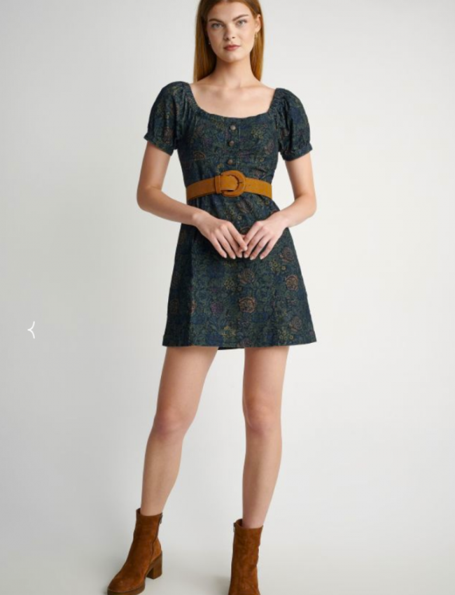 Floral printed μπλε-πράσινο κοτλέ κοντομάνικο κοντό φόρεμα με ανοιχτή λαιμόκοψη, balloon μανίκια, κουμπιά μπροστά και κλείσιμο με φερμουάρ στην πλάτη Attrattivo
