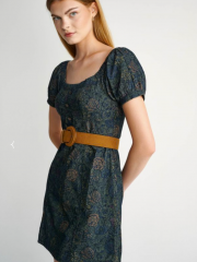 Floral printed μπλε-πράσινο κοτλέ κοντομάνικο κοντό φόρεμα με ανοιχτή λαιμόκοψη, balloon μανίκια, κουμπιά μπροστά και κλείσιμο με φερμουάρ στην πλάτη Attrattivo
