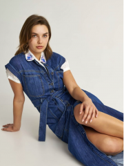 Blue jean αμάνικο maxi φόρεμα με στρογγυλή λαιμόκοψη, μπροστινές τσέπες και αποσπώμενη ζώνη Attrattivo
