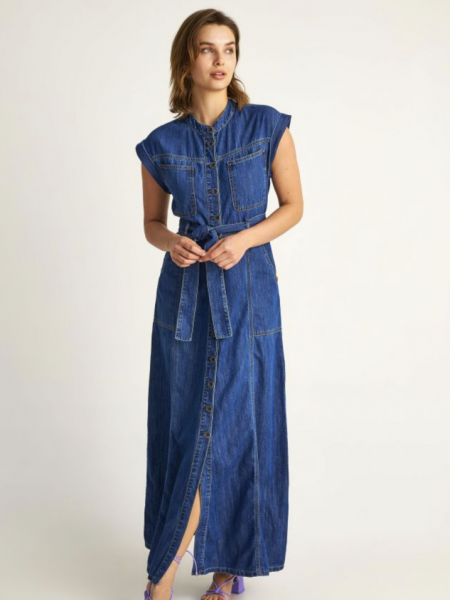 Blue jean αμάνικο maxi φόρεμα με στρογγυλή λαιμόκοψη, μπροστινές τσέπες και αποσπώμενη ζώνη Attrattivo