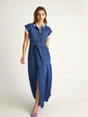 Blue jean αμάνικο maxi φόρεμα με στρογγυλή λαιμόκοψη, μπροστινές τσέπες και αποσπώμενη ζώνη Attrattivo