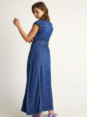 Blue jean αμάνικο maxi φόρεμα με στρογγυλή λαιμόκοψη, μπροστινές τσέπες και αποσπώμενη ζώνη Attrattivo