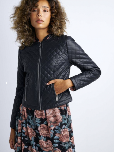 Μαύρο καπιτονέ faux leather jacket χωρίς γιακά, με στρογγυλή λαιμόκοψη και μπροστινά εξωτερικά φερμουάρ Attrattivo