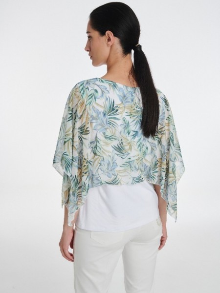 Λευκή κοντομάνικη μπλούζα με συνδυασμό δύο υφασμάτων στρογγυλή λαιμόκοψη και  μουσελίνα floral printed πάνω μέρος Badoo