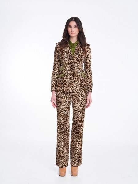 Animal printed κοτλέ μακρύ σακάκι σε μεσάτη γραμμή, με λαδί κοτλέ τελειώματα στα καπάκια στις τετράγωνες τσέπες και κουμπιά military style Badoo