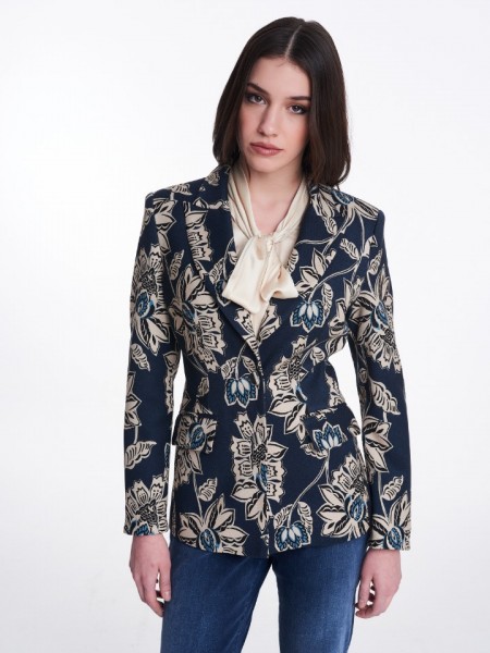 Floral printed μπλε σακάκι μεσάτη γραμμή με διπλό κουμπί, κλείσιμο μπροστά καπακωτές μπροστινές τσέπες Badoo