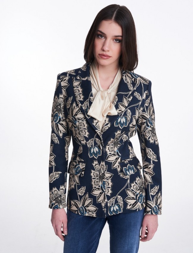 Floral printed μπλε σακάκι μεσάτη γραμμή με διπλό κουμπί, κλείσιμο μπροστά καπακωτές μπροστινές τσέπες Badoo