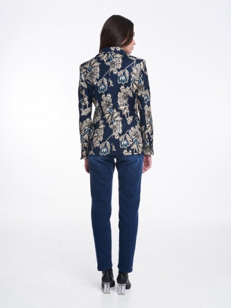 Floral printed μπλε σακάκι μεσάτη γραμμή με διπλό κουμπί, κλείσιμο μπροστά καπακωτές μπροστινές τσέπες Badoo