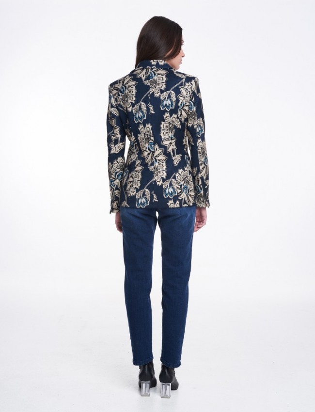 Floral printed μπλε σακάκι μεσάτη γραμμή με διπλό κουμπί, κλείσιμο μπροστά καπακωτές μπροστινές τσέπες Badoo
