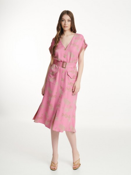Floral printed ροζ shirt-look κοντομάνικο midi φόρεμα με τετράγωνες τσέπες μπροστά, μικρό ρεβέρ μ κουμπιά ατα μανίκια και αποσπώμενη ζώνη Badoo 