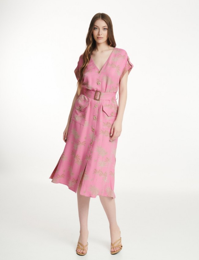 Floral printed ροζ shirt-look κοντομάνικο midi φόρεμα με τετράγωνες τσέπες μπροστά, μικρό ρεβέρ μ κουμπιά ατα μανίκια και αποσπώμενη ζώνη Badoo 