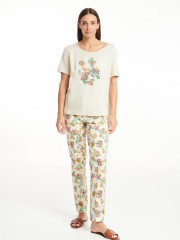 Floral printed μπεζ ψηλόμεσο ελαστικό παντελόνι με τετράγωνες τσέπες πίσω και κλείσιμο με φερμουάρ και κουμπί μπροστά badoo 
