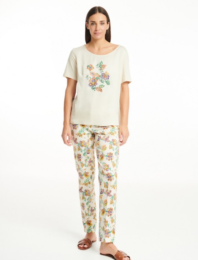 Floral printed μπεζ ψηλόμεσο ελαστικό παντελόνι με τετράγωνες τσέπες πίσω και κλείσιμο με φερμουάρ και κουμπί μπροστά badoo 