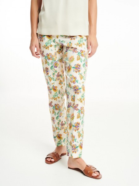 Floral printed μπεζ ψηλόμεσο ελαστικό παντελόνι με τετράγωνες τσέπες πίσω και κλείσιμο με φερμουάρ και κουμπί μπροστά badoo 