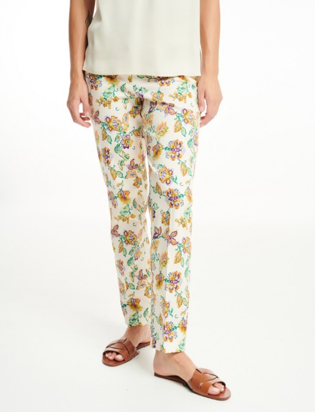Floral printed μπεζ ψηλόμεσο ελαστικό παντελόνι με τετράγωνες τσέπες πίσω και κλείσιμο με φερμουάρ και κουμπί μπροστά badoo 