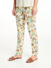 Floral printed μπεζ ψηλόμεσο ελαστικό παντελόνι με τετράγωνες τσέπες πίσω και κλείσιμο με φερμουάρ και κουμπί μπροστά badoo 