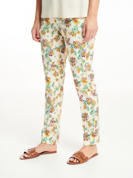 Floral printed μπεζ ψηλόμεσο ελαστικό παντελόνι με τετράγωνες τσέπες πίσω και κλείσιμο με φερμουάρ και κουμπί μπροστά badoo 