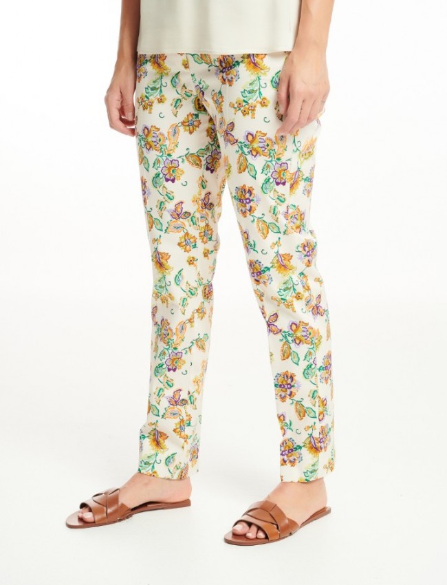 Floral printed μπεζ ψηλόμεσο ελαστικό παντελόνι με τετράγωνες τσέπες πίσω και κλείσιμο με φερμουάρ και κουμπί μπροστά badoo 