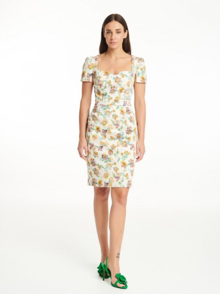 Floral printed εκρού κοντομάνικη βαμβακοσατέν midi φόρεμα σε ίσια γραμμή , τετράγωνη λαιμόκοψη και μικρές σουρές στα μανίκια Badoo
