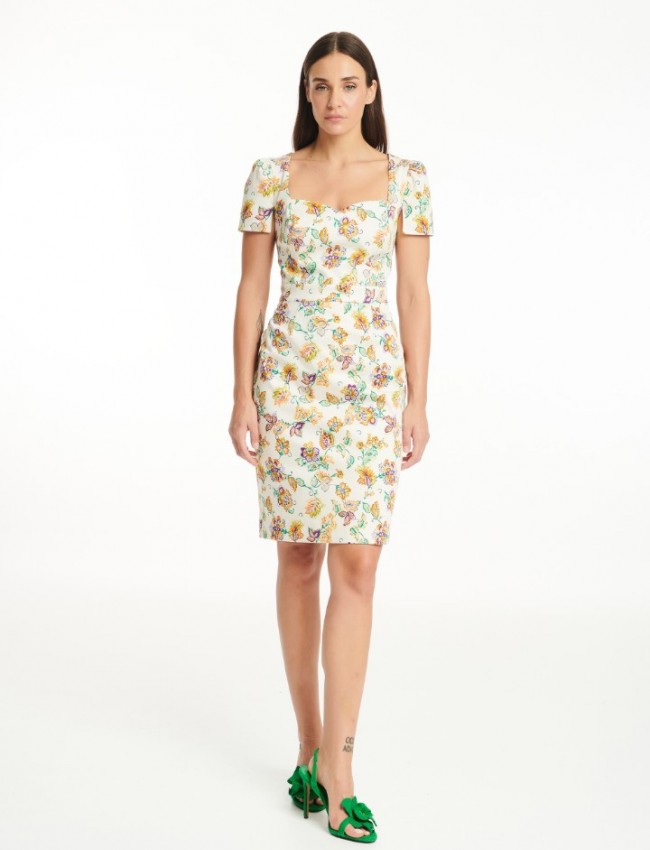 Floral printed εκρού κοντομάνικη βαμβακοσατέν midi φόρεμα σε ίσια γραμμή , τετράγωνη λαιμόκοψη και μικρές σουρές στα μανίκια Badoo