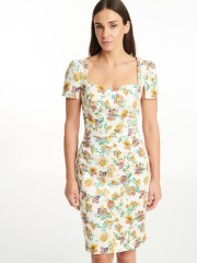 Floral printed εκρού κοντομάνικη βαμβακοσατέν midi φόρεμα σε ίσια γραμμή , τετράγωνη λαιμόκοψη και μικρές σουρές στα μανίκια Badoo