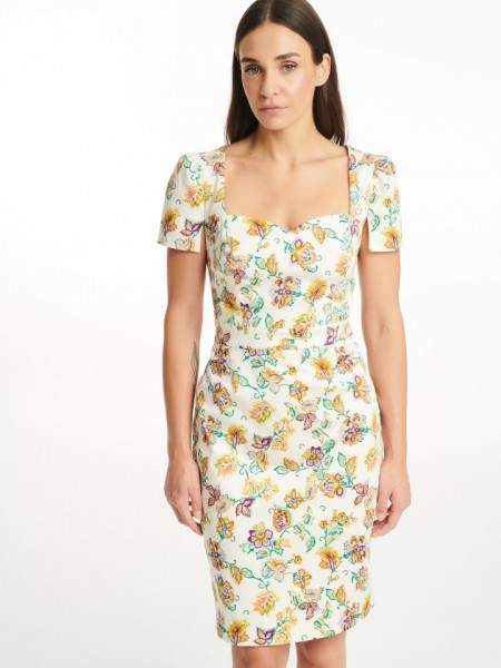 Floral printed εκρού κοντομάνικη βαμβακοσατέν midi φόρεμα σε ίσια γραμμή , τετράγωνη λαιμόκοψη και μικρές σουρές στα μανίκια Badoo