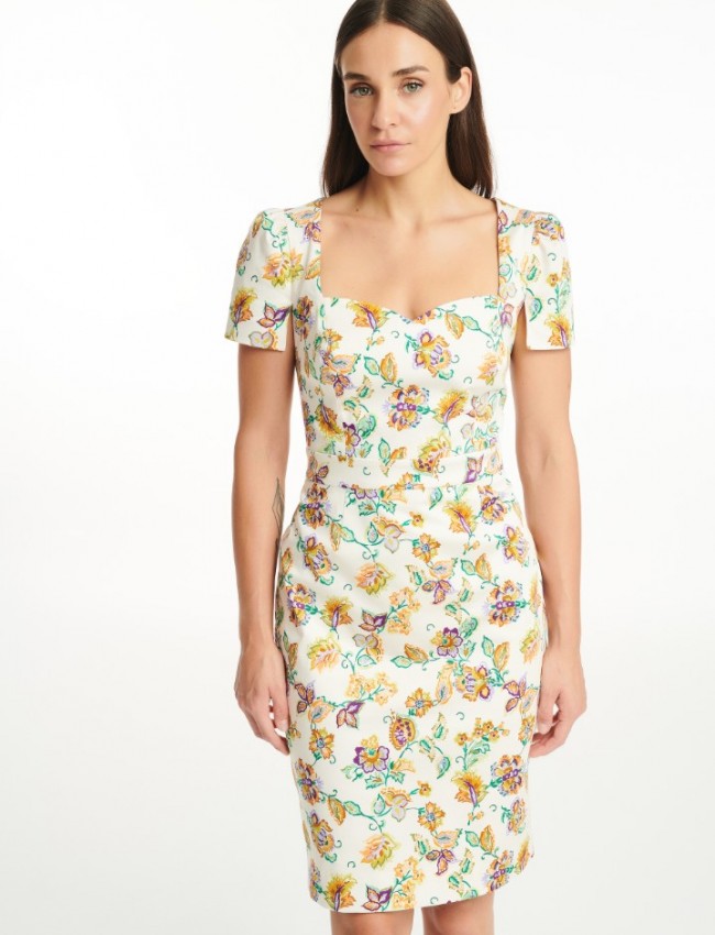 Floral printed εκρού κοντομάνικη βαμβακοσατέν midi φόρεμα σε ίσια γραμμή , τετράγωνη λαιμόκοψη και μικρές σουρές στα μανίκια Badoo