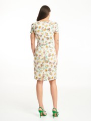 Floral printed εκρού κοντομάνικη βαμβακοσατέν midi φόρεμα σε ίσια γραμμή , τετράγωνη λαιμόκοψη και μικρές σουρές στα μανίκια Badoo