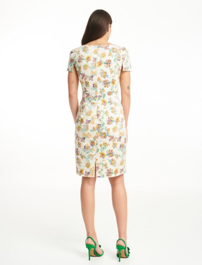 Floral printed εκρού κοντομάνικη βαμβακοσατέν midi φόρεμα σε ίσια γραμμή , τετράγωνη λαιμόκοψη και μικρές σουρές στα μανίκια Badoo