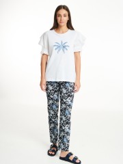 Floral printed μαύρο ψηλόμεσο ελαστικό παντελόνι αστραγάλου με τύπωμα λαχούρια, μπροστινές τσέπες και κλείσιμο με κουμπί Badoo