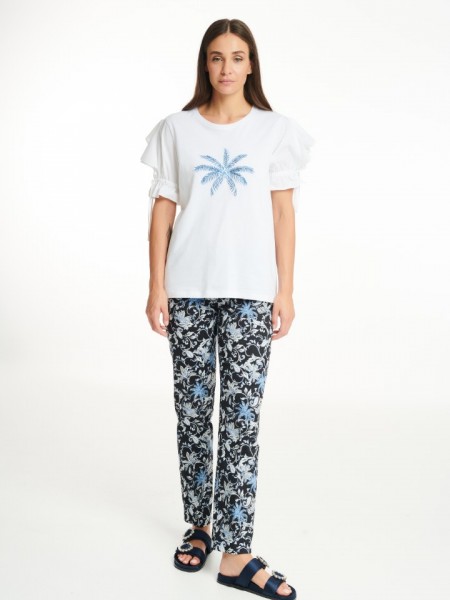 Floral printed μαύρο ψηλόμεσο ελαστικό παντελόνι αστραγάλου με τύπωμα λαχούρια, μπροστινές τσέπες και κλείσιμο με κουμπί Badoo
