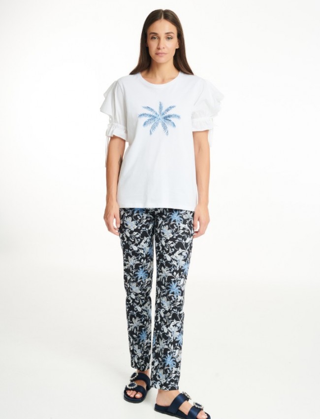 Floral printed μαύρο ψηλόμεσο ελαστικό παντελόνι αστραγάλου με τύπωμα λαχούρια, μπροστινές τσέπες και κλείσιμο με κουμπί Badoo