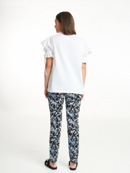 Floral printed μαύρο ψηλόμεσο ελαστικό παντελόνι αστραγάλου με τύπωμα λαχούρια, μπροστινές τσέπες και κλείσιμο με κουμπί Badoo